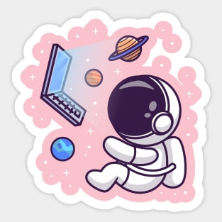 Cute Astronaut Floating With Laptop And Planet On Space Cartoon Sticker